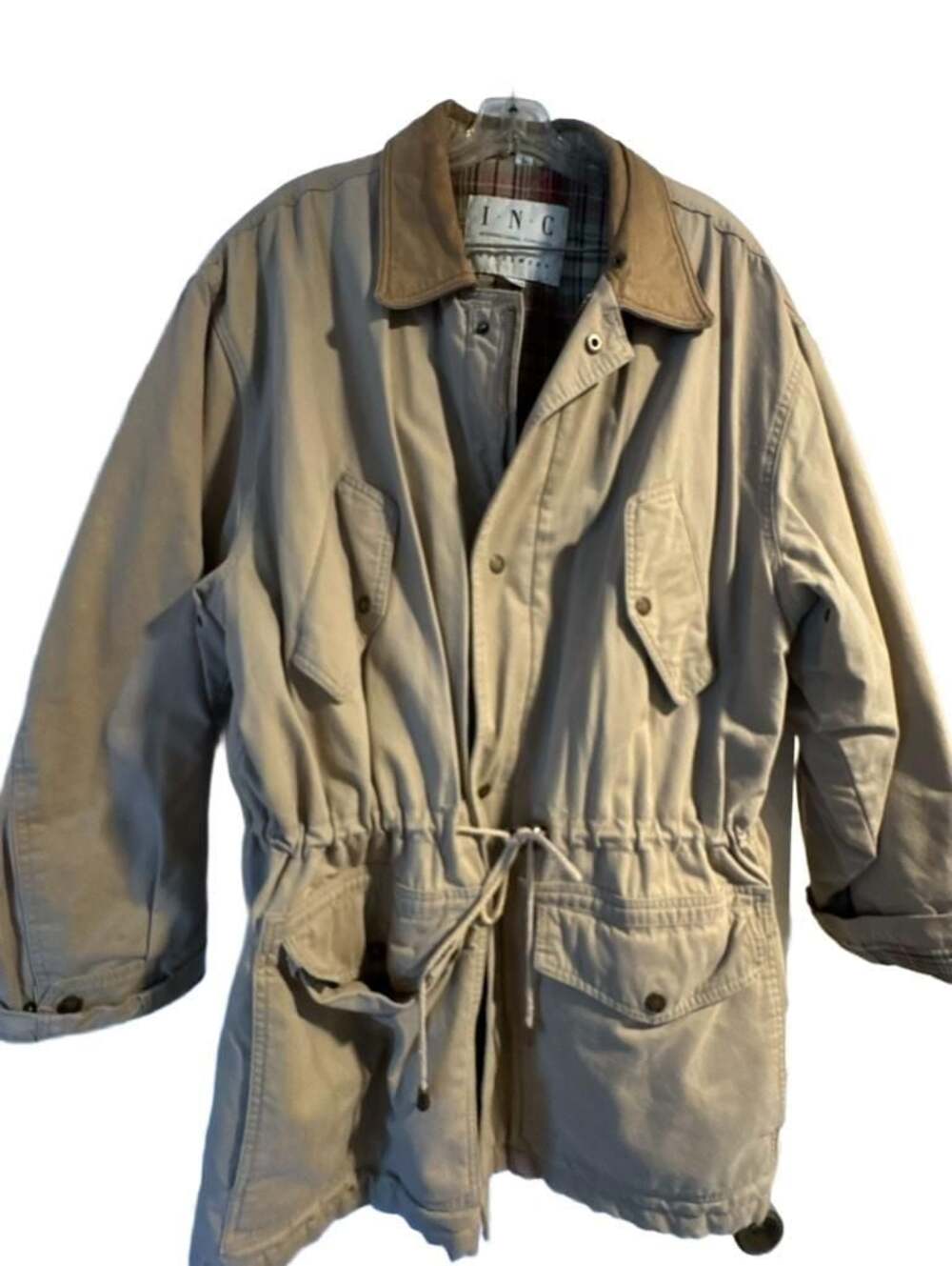 I.N.C Men's Beige Field Jacket with Plaid Lining and Drawstring Waist, Size L